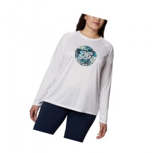 Dámské Mikina Columbia PFG Tidal Printed Medallion Long Sleeve Plus Size Bílé Tmavě Blankyt | PLMX-79054