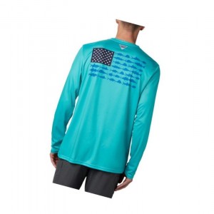 Pánské Mikina Columbia Terminal Tackle PFG Fish Flag Long Sleeve Světle Tyrkysové | YZOX-41930