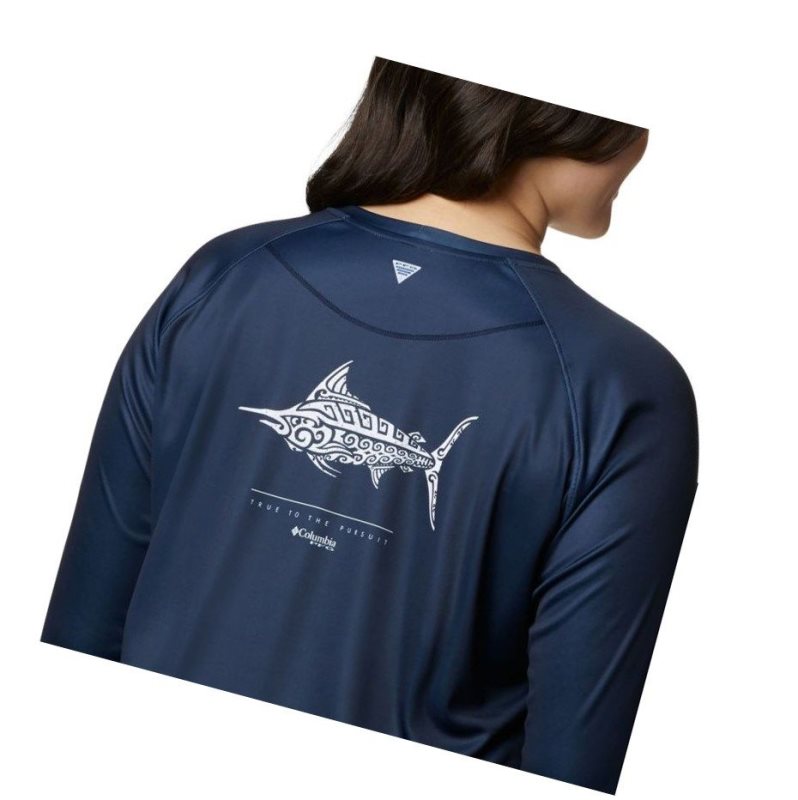 Dámské Mikina Columbia PFG Tidal Long Sleeve Printed Fish Plus Size Tmavě Blankyt Bílé | ARGV-81609