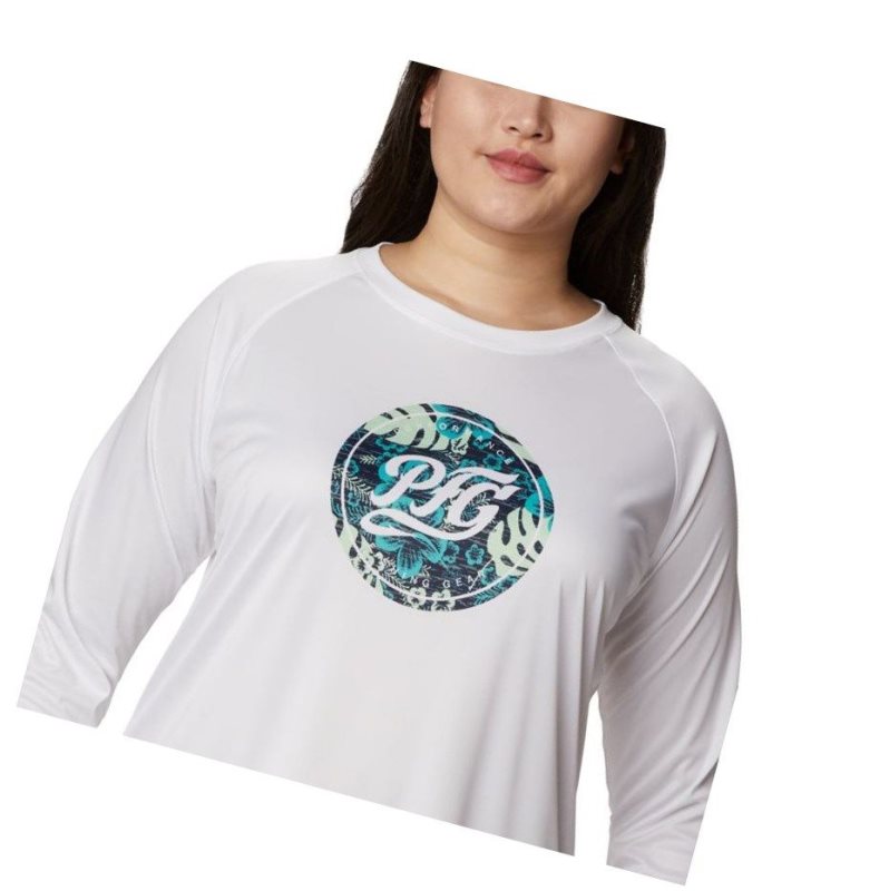 Dámské Mikina Columbia PFG Tidal Printed Medallion Long Sleeve Plus Size Bílé Tmavě Blankyt | PLMX-79054